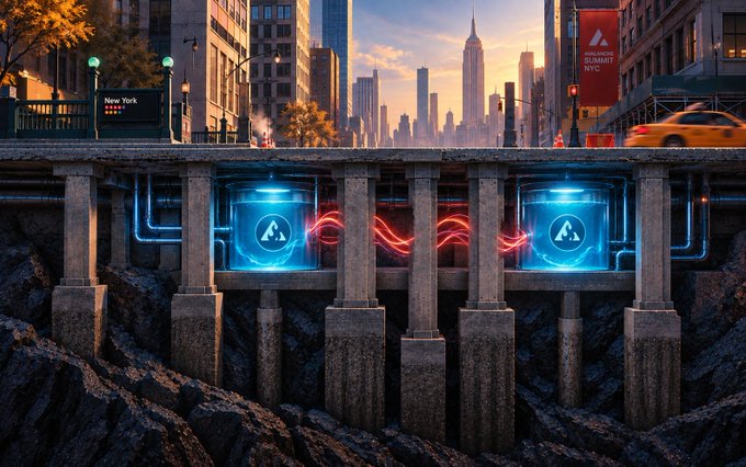 A futuristic New York City scene featuring a bridge over cracked earth with glowing blue energy containers displaying a triangular logo, red energy flowing between them, and the Empire State Building visible in the background alongside a 'New York' sign and a 'HELMUT NYC' banner.