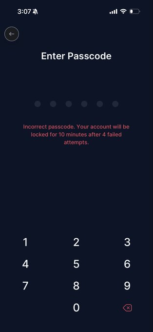 A Crypto.com user has locked themselves out after entering the wrong passcode, as shown by the error message "Incorrect passcode. Your account will be locked for 10 minutes after 4 failed attempts." The frustrated tweet "Your app is killing me… fix it!!!!! @cryptocom" reflects the user's frustration with the app's security restrictions.