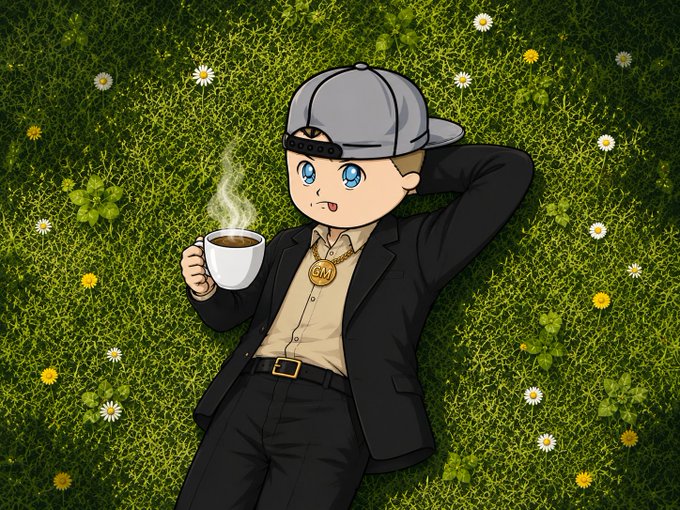 A digital illustration of a young man wearing a backward gray cap, black blazer, and a 'GM' gold medallion, lying in a grassy field dotted with daisies while holding a steaming cup of coffee.