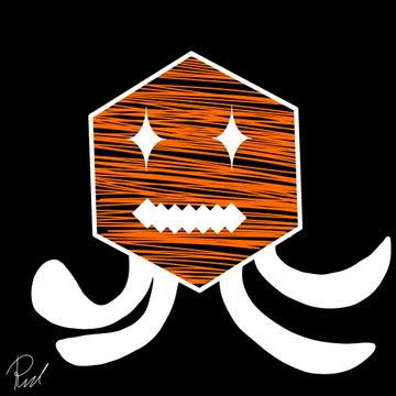 A digital illustration on a black background depicting a stylized hexagonal character with an orange textured face, sharp teeth, and white tentacle-like limbs, signed 'Phil'.