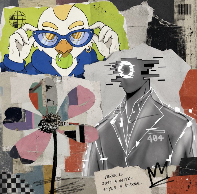 A street art style collage featuring a cartoon character with glasses adjusting them, a glitching 404-error figure, a colorful flower, and the text 'ERROR IS JUST A GLITCH. STYLE IS ETERNAL.'