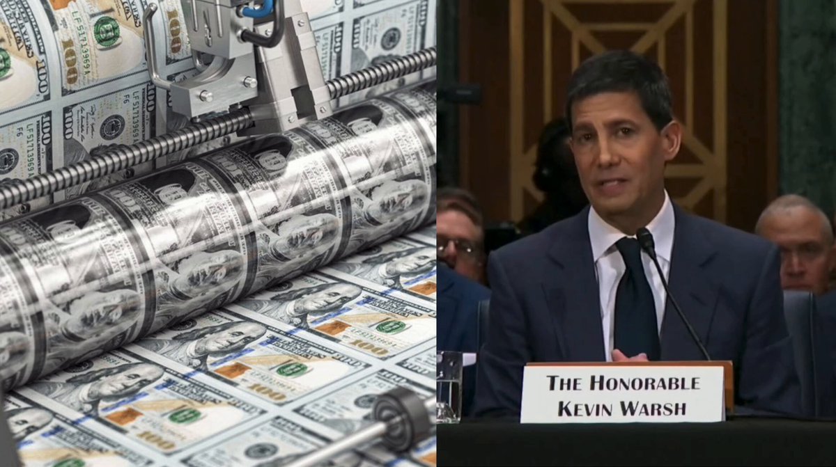 The image shows a man standing behind a podium giving a speech, with an extensive stack of money behind him. The caption explains that there is $25,500,000,000.00 being injected into the market shortly after the Fed Chair Kevin Warsh has ordered liquidity back into it. This action is said to be "very serious."