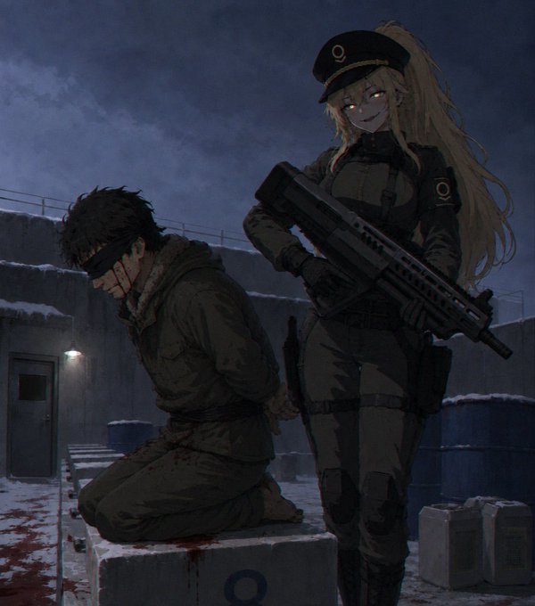 A blindfolded, wounded prisoner kneels on a concrete block stained with blood while a menacing guard in a peaked cap stands behind him holding a large rifle in a bleak, snow-covered setting. The dark, militaristic scene visually echoes the post's themes of control, surveillance, and authority, while the partial "O" letters on the block and guard's insignia subtly reference the CA address and ticker symbols.
