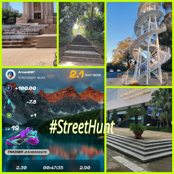 A collage showing staircases, a spiral observation tower, and a building marked 'ĐẠI HỌC CÔNG NGHỆ THÔNG TIN' (University of Information Technology), featuring a gaming app screen for user 'Arcan007' with '#StreetHunt', 2.1 GGT/MIN, Level 19, and trainer #638668978.