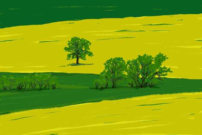 A simple digital illustration depicting a stylized green tree and bushes in a grassy field under a dark green sky.