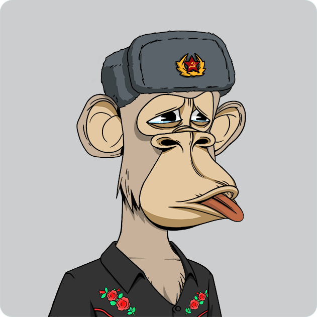 The image features a cartoon monkey wearing a hat with a Russian flag design, giving him a unique appearance. The monkey appears to be wearing a black shirt adorned with red flowers, adding a touch of color to his outfit. He has a sad expression on his face and is looking down at the ground. The post about the monkey being bought for 9.6 ETH by Monke: opensea.io/collection/bor seems to be discussing or promoting this particular cartoon character.