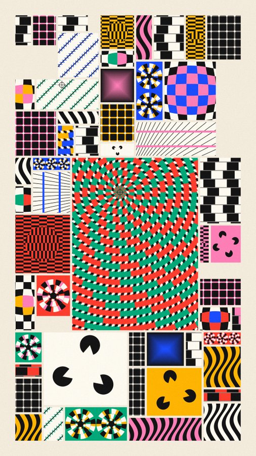 An abstract geometric art collage featuring various optical illusion patterns, grids, spirals, and Pac-Man shapes in vibrant colors.