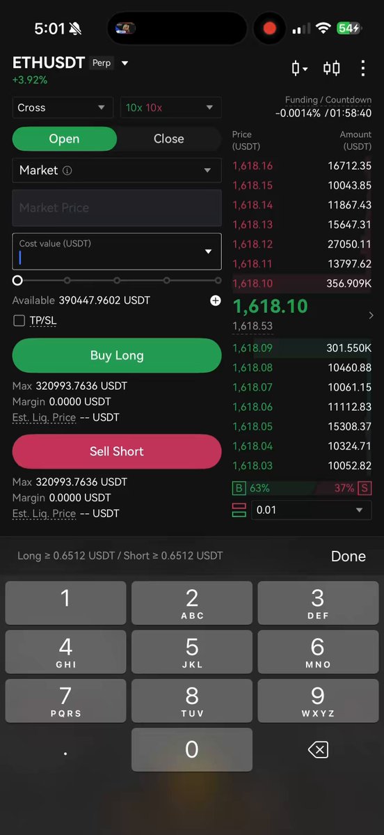 The image shows an iPhone screen displaying a graph with various numbers and symbols next to buttons. The text of the image appears to be about cryptocurrency. A caption below the screenshot reads "ETH ‘a 100,000lira long pozisyon açtım."