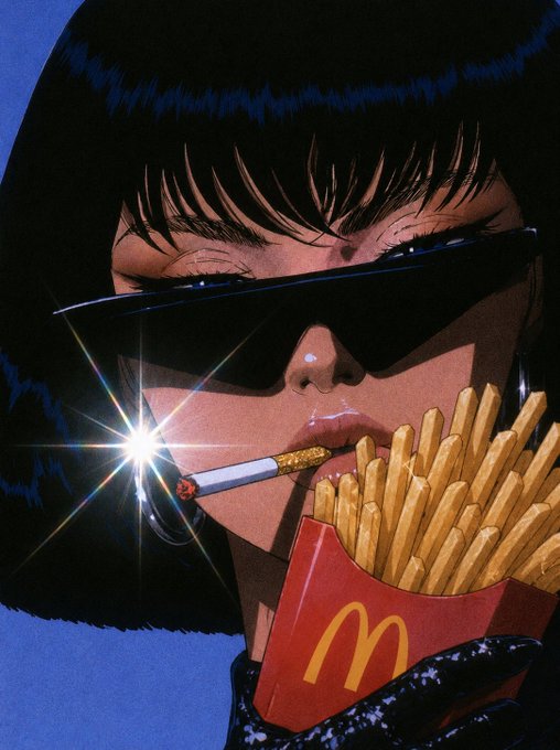 A stylized anime/comic book illustration of a woman with a black bob haircut wearing dark sunglasses, smoking a lit cigarette while eating McDonald's french fries from a red carton.