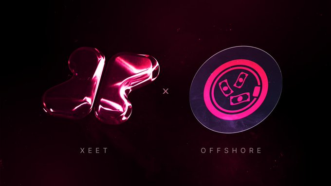 A glossy pink 3D "XEET" balloon logo paired with the "OFFSHORE" coin emblem on a dark background, visually branding the collaborative XEET x Offshore campaign promotion.