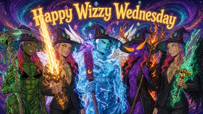 A vibrant 'Happy Wizzy Wednesday' illustration featuring five fantasy characters with witch hats and colorful outfits wielding magical weapons against a cosmic purple background.