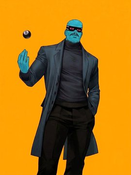 A stylized digital illustration of a blue-skinned man in a black turtleneck, long coat, and sunglasses tossing a small sphere against an orange background.