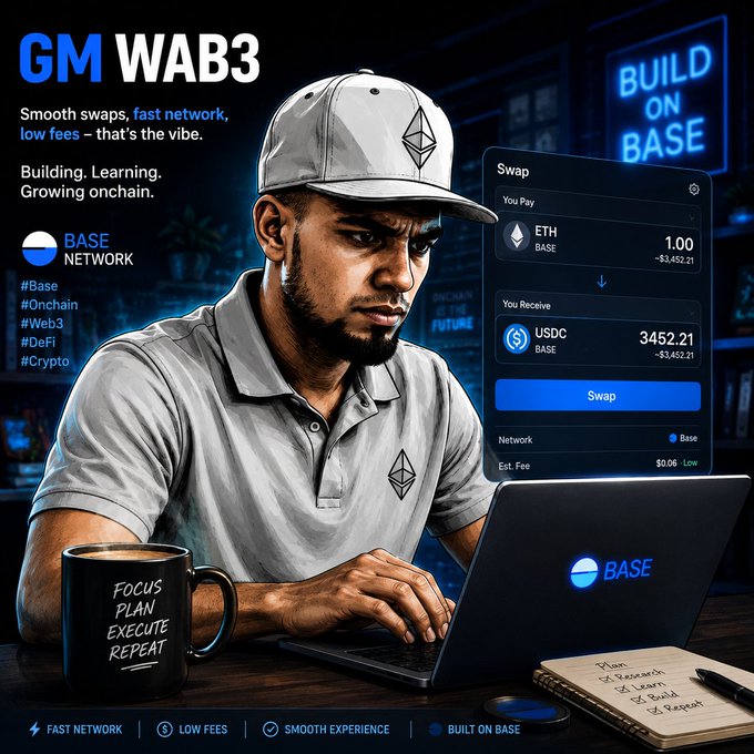 The image features a man sitting at a desk using his laptop computer while wearing a baseball cap. The background of the image shows a building, which could be an office or workspace. There are also two books visible in the scene, one placed on the desk next to the laptop and another book located further away from the main subject.