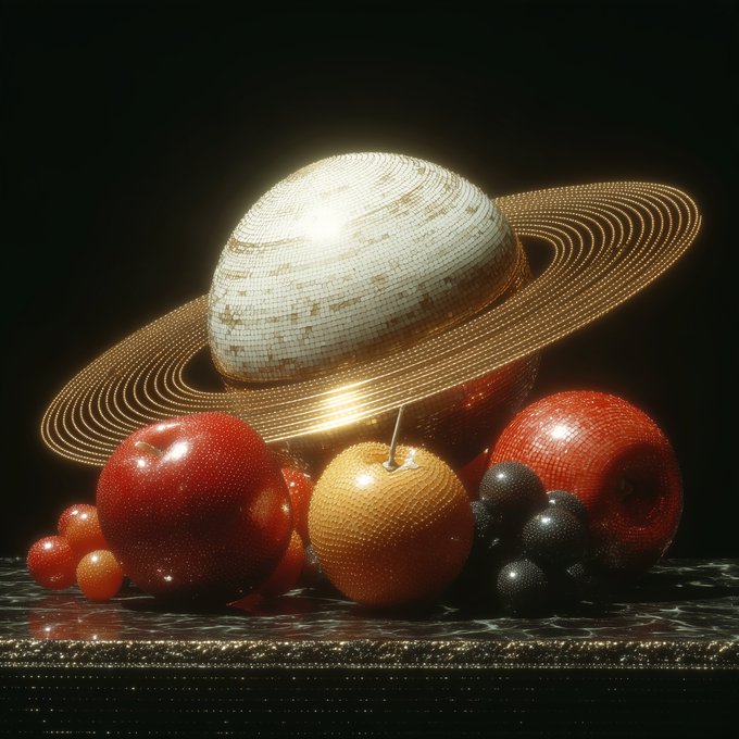A still life features fruits including a melon, apple, grapes, and cherries, all appearing to be covered in sparkling crystals or rhinestones, arranged beneath a glowing, wireframe Saturn-like ring.
