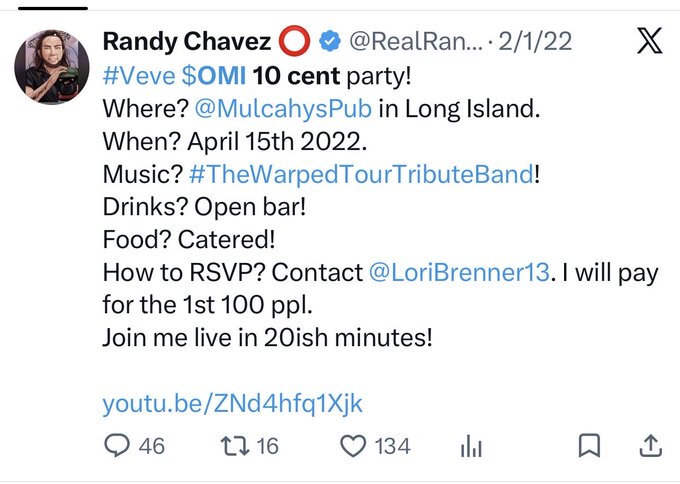 A tweet from Randy Chavez (@RealRan...) dated 2/1/22 announces a "#Veve $OMI 10 cent party" at MulcahysPub on Long Island on April 15th, 2022, featuring TheWarpedTourTributeBand, an open bar, catered food, and coverage for the first 100 RSVPs via @LoriBrenner13. The post contrasts this 2022 promotion—when $OMI was advertised at 10 cents—with its current price of $0.00015, highlighting the dramatic decline in the token's value.
