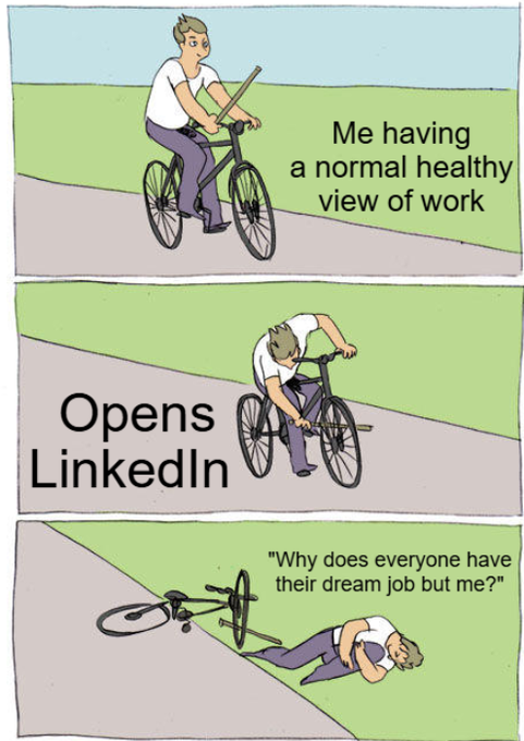 A three-panel comic showing a person cycling happily with a 'normal healthy view of work,' then falling off their bike after 'Opens LinkedIn,' and lying on the ground asking 'Why does everyone have their dream job but me?'