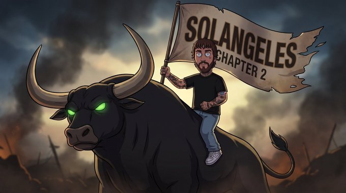 A bearded tattooed rider with glowing green eyes carries a tattered banner reading "SOLANGELES CHAPTER 2" atop a massive black bull, symbolizing the bold expansion of the $SOLANGELES project with its newly locked dev supply and upcoming opportunities for community involvement.