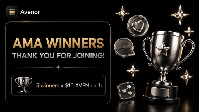 A promotional graphic for an "Avenor" AMA contest, featuring a silver trophy and announcing "3 winners x $10 AVEN each" to thank participants for joining.
