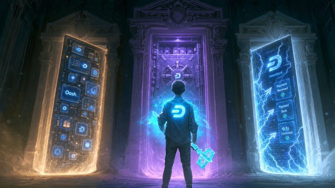 Digital artwork depicting a hooded figure with a glowing blue 'D' logo on their back, standing before three ornate glowing doorways representing Dash blockchain, cryptocurrency deposits, and payment processing.