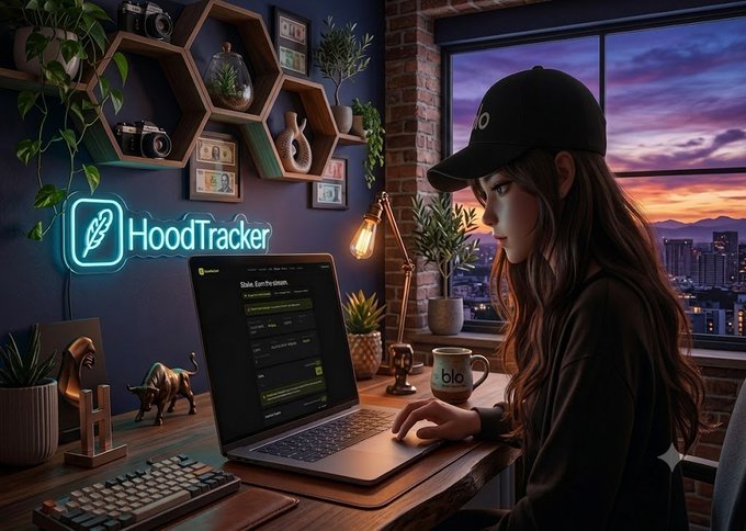 A digital illustration of a young woman in a black cap working on a laptop at a desk, with a 'HoodTracker' neon sign on the wall and a sunset cityscape visible through the window behind her.