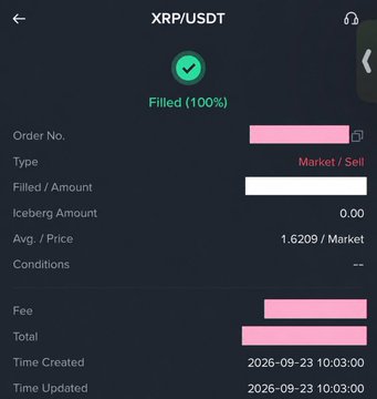 A screenshot of a Binance XRP/USDT order confirmation showing a fully filled market sell order at 1.6209, with personal details like the order number, fee, and total amounts redacted. The image illustrates a trader taking action amid the market volatility referenced in the post, which warns of an impending retest and advises keeping extra cash ready to buy the dip following a $900 billion wipeout.