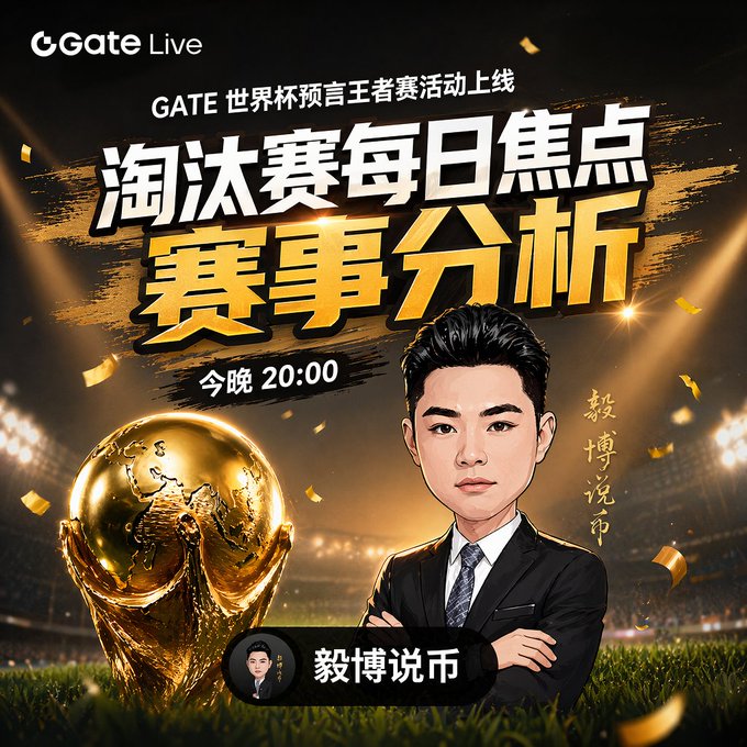 Gate Live promotional graphic for a World Cup prediction event titled '淘汰赛每日焦点赛事分析' (Knockout Stage Daily Key Match Analysis), scheduled for 20:00 and hosted by '毅博说币' (Yibo on Crypto).