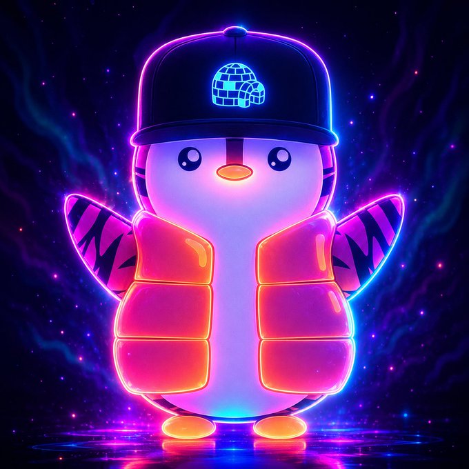 A vibrant neon-style digital illustration of a cute penguin-like character wearing a cap and puffy vest against a cosmic background.
