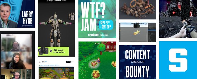 A promotional collage for The Sandbox Studio featuring an interview with "Larry Hyrb" (@MajorNelson), highlights of "3D Rig your character" assets, a "WTF? JAM SEPT 21st-28th" graphic, and visuals of 3D game environments alongside "CONTENT CREATOR BOUNTY" branding and a stylized "S" logo, summarizing the platform's milestones from its 3.5-month alpha and beta phase.