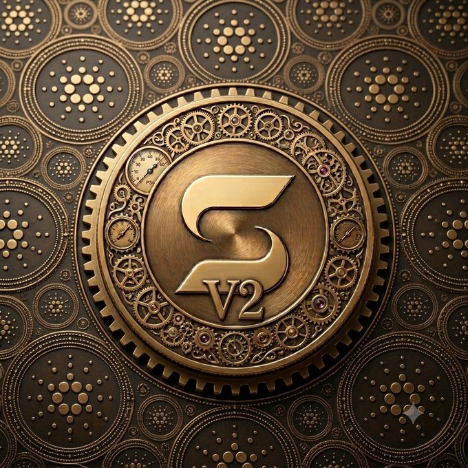An ornate steampunk-style emblem featuring a golden 'S' with 'V2' below it, surrounded by intricate gears, dials, and mechanical decorations on a dark bronze background.