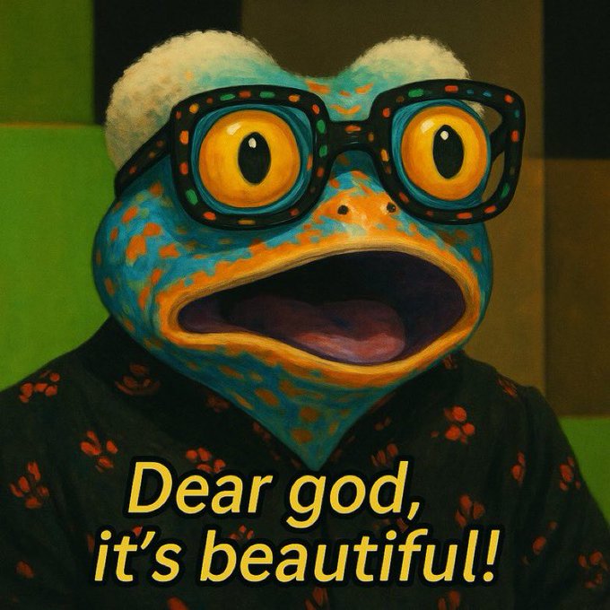The image features a frog with glasses, dressed in a black shirt or blouse, sitting against a green background. The frog has its mouth open wide as if it's speaking, and there are text overlays that read "Dear God, it's beautiful!" above the frog's head and below its feet.