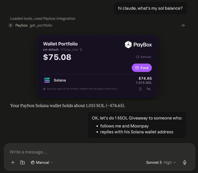 The image shows a Claude AI chat interface where a user asks "what's my sol balance?" and the response displays a Paybox Wallet Portfolio card showing 1.015 SOL (~$74.65) at wallet address 57Jsa...jFpk. This appears to be a demo of the giveaway setup described in the post, where the user is configuring Claude to send 1 SOL to a follower who replies with their Solana wallet address.