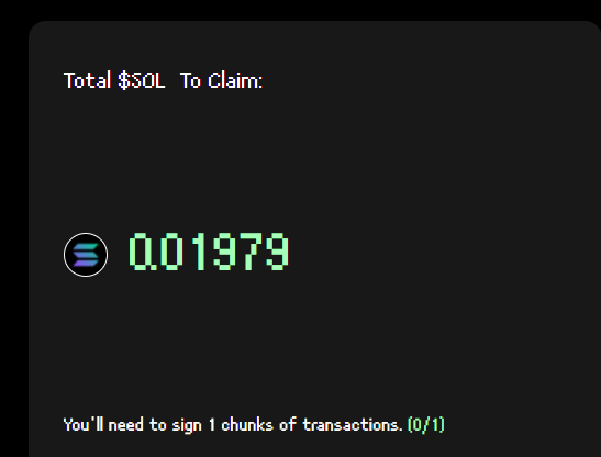 A dark screen displaying 'Total $SOL To Claim: 001979' with a Solana logo and the message 'You'll need to sign 1 chunks of transactions. (0/1)'.