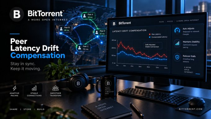 A BitTorrent promotional image highlighting 'Peer Latency Drift Compensation' with a computer monitor showing latency graphs and features like 'Adaptive Pacing' and 'Stable Connections'.