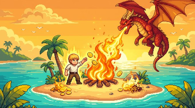 A cartoon-style pixel art scene showing a blonde character on a tropical island facing a red dragon breathing fire over a campfire, with gold coins scattered nearby.