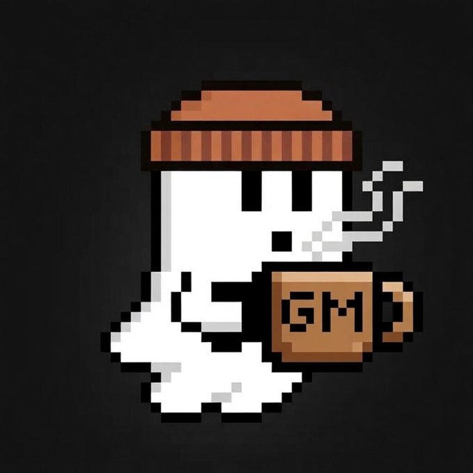 A pixel art illustration of a ghost character wearing a brown lid/hat and holding a brown coffee mug with the letters 'GM' on it.