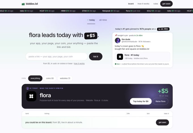 A screenshot of the biddies.lol website showing "flora leads today with +$5," with an entry for the project "flora" ranked #1 today and listing other bidders like SOLX, flora, GMCA, and HMM with bid amounts.