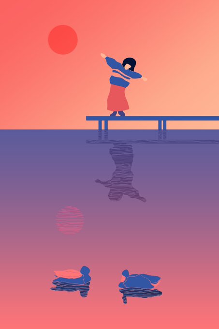 A minimalist digital illustration of a figure standing on a pier at sunset, with the sun rendered in red against an orange sky, casting reflections of the figure and ducks on the water below.