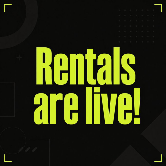 The image features bold, lime-green text reading "Rentals are live!" against a black background with subtle geometric accents and corner brackets. The graphic visually announces the launch of a new rental feature, complementing the post's news about slot rentals going live on the website for both slot owners and advertisers.