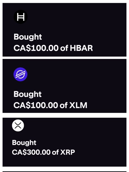 In the image, there are three black rectangles with white text displayed side by side against a dark background. The first rectangle reads "Bought CA $100,000 of HBAR", indicating that someone has purchased 100,000 units of HBase at a cost of $100,000. The second rectangle states "Bought CA $100,000 of XLM", suggesting that another individual has bought 100,000 units of XLM at the same price. The third rectangle reads "Bought CA $100,000 of HBR", meaning yet another person invested in the cryptocurrency market and purchased 100,000 units of HBase. The images collectively convey a message about investing in cryptocurrencies like Bitcoin, as these markets offer various items for sale at relatively low prices or even zero price points.