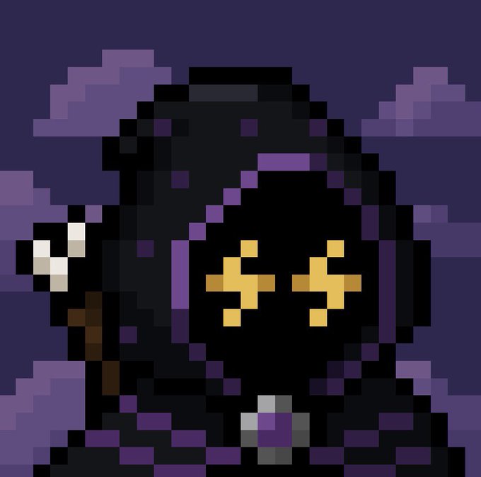 Pixel art character of a grim reaper with glowing yellow eyes, wearing a dark hooded robe and holding a scythe against a purple cloudy background.