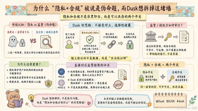 An infographic in Chinese titled '为什么“隐私+合规”被认为是伪命题，而Dusk想拆掉这堵墙' explaining how privacy and compliance can coexist through ZKPs and chain-of-custody proofs, referencing Dusk and MiCA/MiFID II regulations.