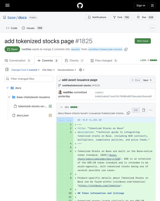 GitHub pull request #1825 by roethke to merge "tokenized-stocks" branch into master, showing 2 commits and 5 file changes adding a new "Tokenized Stocks on Base" documentation page describing the B20 token standard (an extension of ERC-20) for tokenized assets on Coinbase's Base chain, including details on B2B contracts, multipliers, compliance policies, and price feeds.