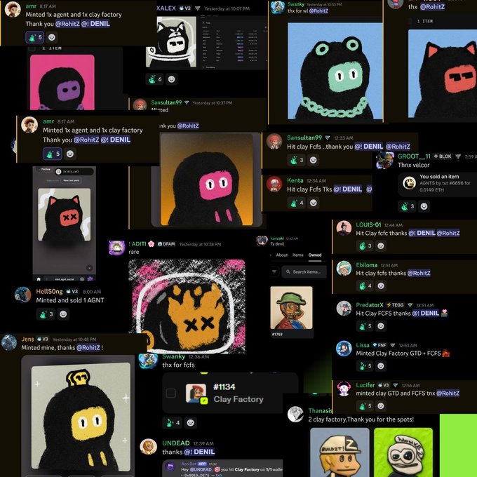A collage of Discord chat screenshots showing various users thanking "@DENIL" and "@RohitZ" while sharing digital art featuring hooded figures with cat, monkey, and pumpkin faces.