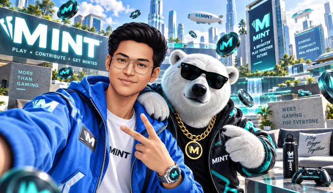 A promotional image for MINT showing a young man posing with a sunglasses-wearing polar bear in a futuristic cityscape.