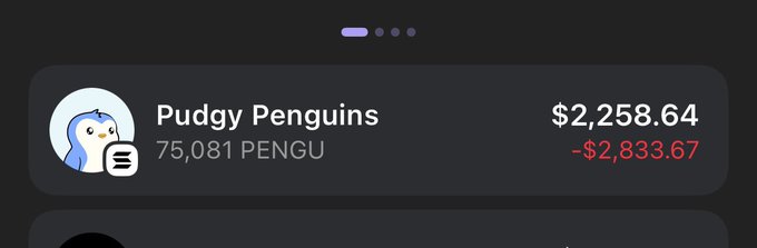 Screenshot showing a cryptocurrency portfolio entry for 'Pudgy Penguins' with 75,081 PENGU tokens valued at $2,258.64, showing a loss of -$2,833.67.