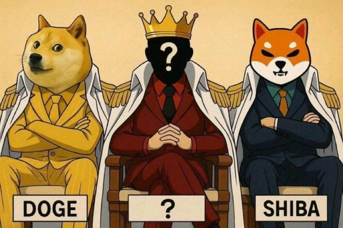 The image shows three cartoon figures seated like royalty—a Doge on the left and a Shiba Inu on the right—flanking a mysterious central figure wearing a crown with a question mark for a face and a "?" nameplate. The meme uses the "throne" of meme coins to ask the community to crown the next 1000x gem, leaving the winning identity unknown.