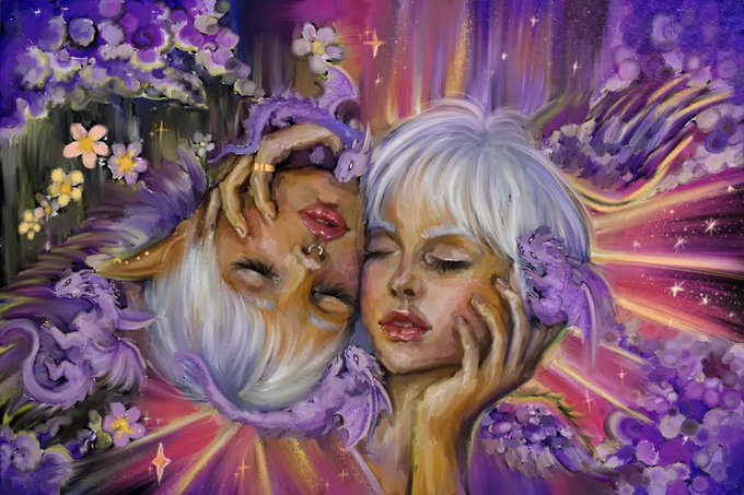A vibrant digital painting of two figures with pale skin and white hair lying among purple flowers and flowing purple hair, surrounded by bright pink and purple light rays.