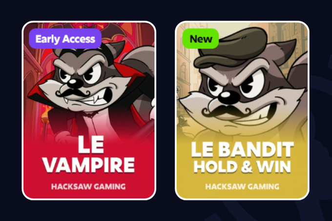 The image displays two Hacksaw Gaming slot titles side by side—"Le Vampire" (Early Access) and "Le Bandit Hold & Win" (New), both featuring the same fierce wolf-like character with slight stylistic variations. The post asks followers to pick between these two games for a free bonus buy on Roobet.