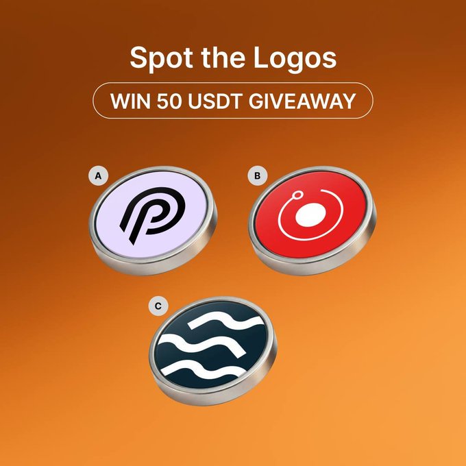 A promotional giveaway graphic titled "Spot the Logos – WIN 50 USDT GIVEAWAY" displays three crypto-related 3D coins labeled A (purple "P" logo, likely Polkadot), B (red logo resembling Stella/Stratis), and C (dark blue wavy lines, resembling the Stellar logo), inviting viewers to identify all three correctly to win $50 USDT.