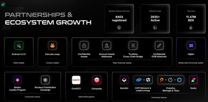 A dark dashboard titled 'PARTNERSHIPS & ECOSYSTEM GROWTH' displays various cryptocurrency metrics and integrations, including 'Beldex Name Service: 6403 registered,' 'Mastermind: 2935+ Active,' 'Burned: 11.47M BDX,' and partnership updates with 'Pancake swap,' 'CoinDCX,' 'Coinpedia,' 'QuickEx,' 'COTI Network & LetsExchange,' 'Prostore, Midnight & Telos,' and 'Exolix.'